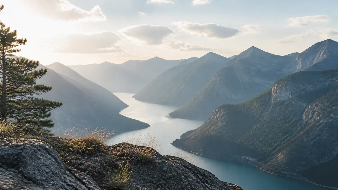 A peaceful mountain landscape opening into the distance